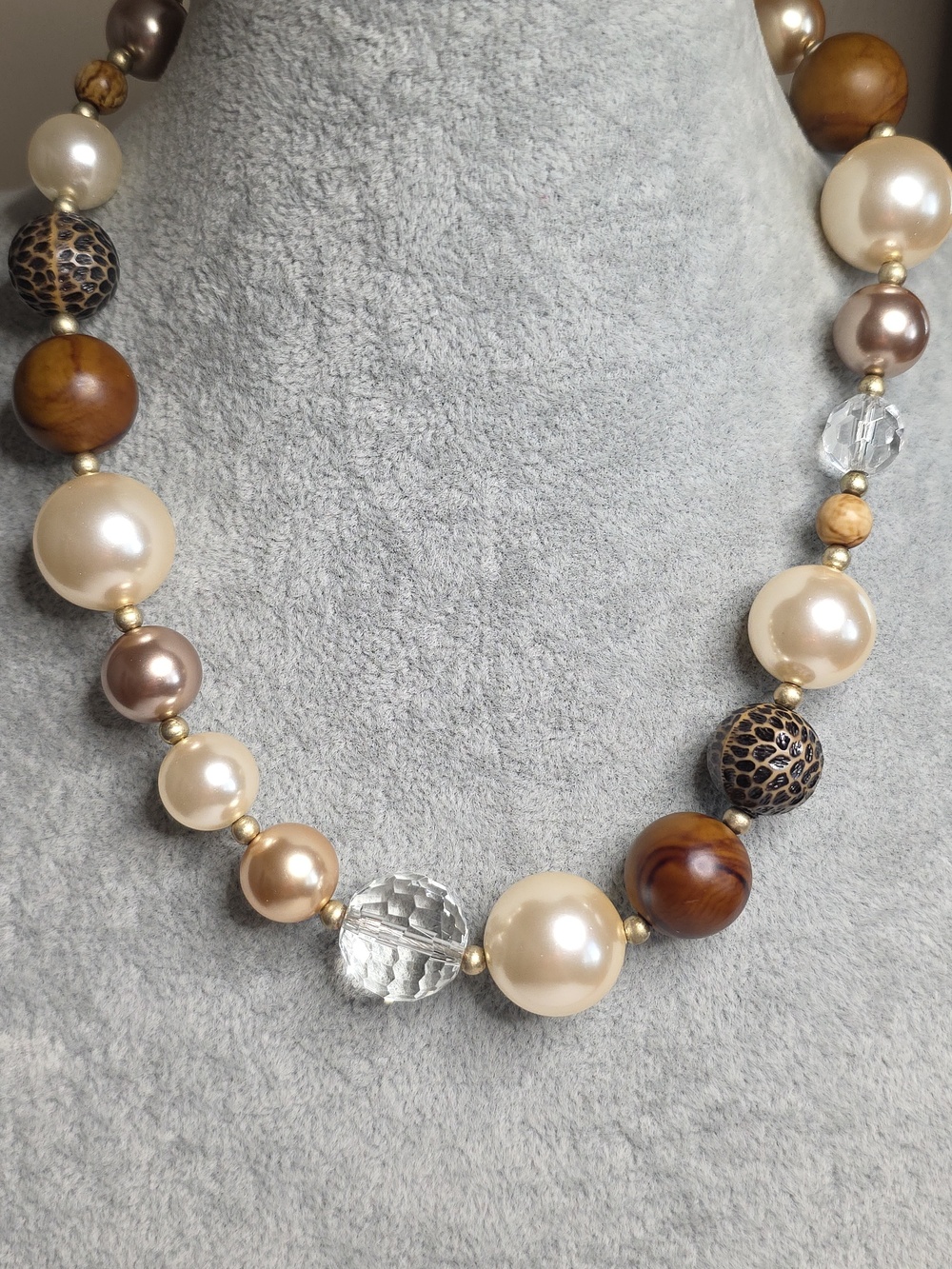 Cookie Lee Mixed Acrylic and Glass Beads Necklace - Cream, Gold and Brown